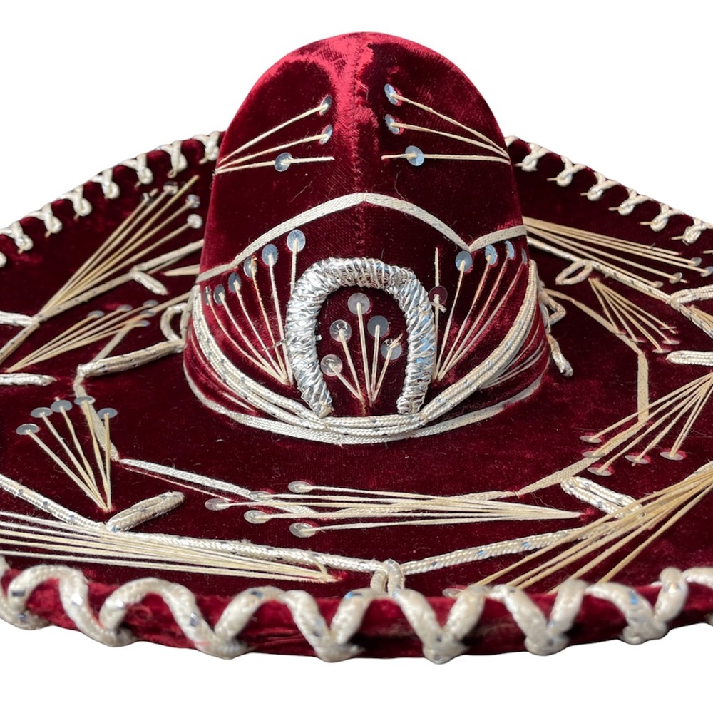 PIGALLE Mariachi Sombrero Maroon Velvet Silver Sequins Adult Large - Picture 3 of 14